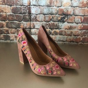 Floral Suede Pointy Block Heels
